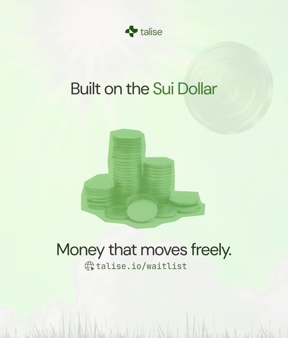The image features a green poster with an illustration of stacks of money sitting atop a dollar sign. Below this image, there's text that reads "Built on the Sui Dollar". The poster also includes a social media handle "@SuiNetwork" in the bottom right corner and a hashtag "#Suisecurrency".
