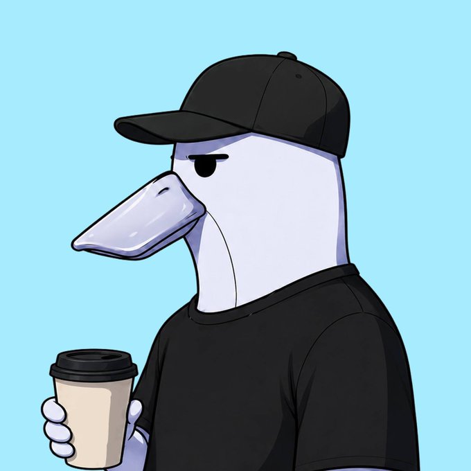 A cartoon illustration of a pelican wearing a black cap and t-shirt, holding a coffee cup against a light blue background.