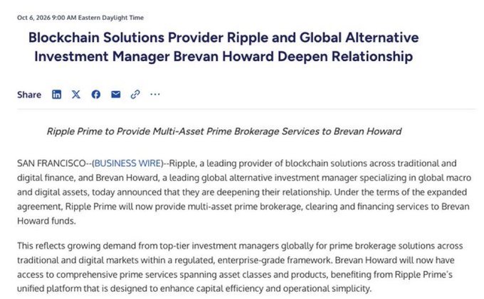 A news article dated Oct 6, 2026 titled 'Blockchain Solutions Provider Ripple and Global Alternative Investment Manager Brevan Howard Deepen Relationship', announcing that Ripple Prime will provide multi-asset prime brokerage services to Brevan Howard.