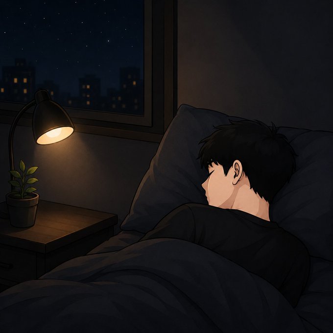 An anime-style illustration of a young man sleeping in bed beside a lit lamp and potted plant, with a starry city skyline visible through the window.