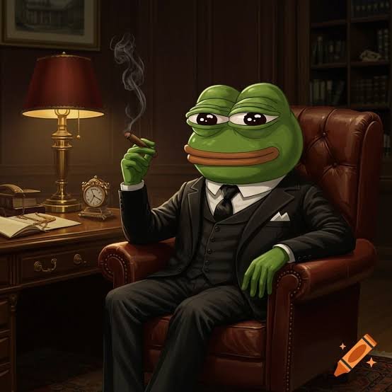 An illustration shows a green Pepe the Frog character dressed in a black suit, smoking a cigar while sitting in a leather armchair in a wood-paneled study.