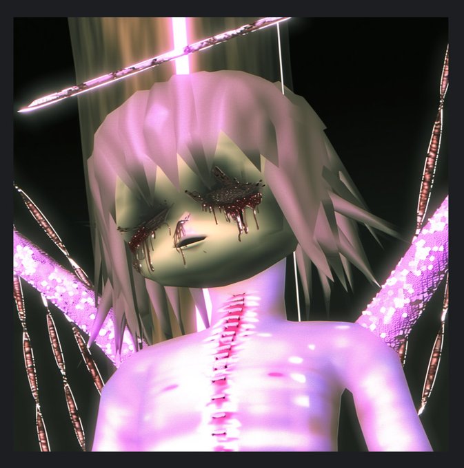 A 3D rendered figure with pink hair, closed eyes with red marks, and a stitched torso stands among glowing pink structures.