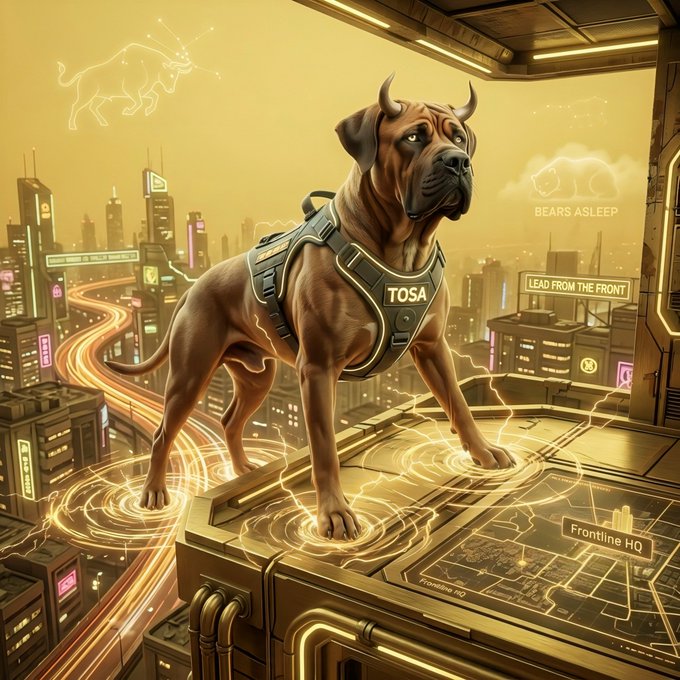 A cyberpunk-style digital illustration of a brown dog wearing a 'TOSA' tactical harness standing on a futuristic platform above a neon-lit cityscape, with text 'BEARS ASLEEP' and 'LEAD FROM THE FRONT' visible.