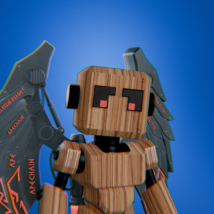 A 3D render of a wooden robot character with pixelated eyes, sporting black wings with text including 'APE CHAIN' and 'GLITCH FLIGHT' against a blue background.