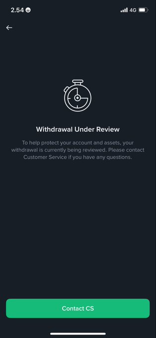 A mobile app screenshot displays a 'Withdrawal Under Review' message with a stopwatch icon and a green 'Contact CS' button.