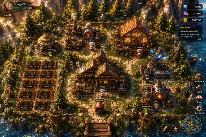 A screenshot from a fantasy village-building game showing a level 30 player named "OmegaElf" with their medieval settlement featuring a blacksmith, garden plots, and resource timers.