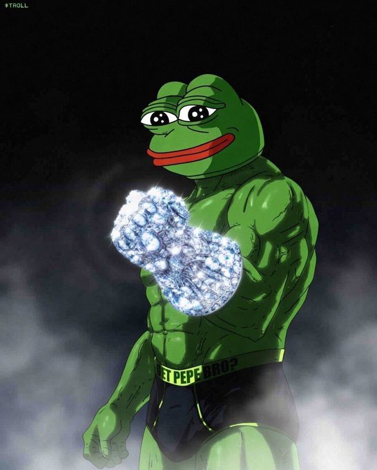 A digital illustration of a muscular, sad Pepe the Frog character wearing diamond-encrusted gloves and shorts reading "GET PEPE RICH?" against a smoky dark background.
