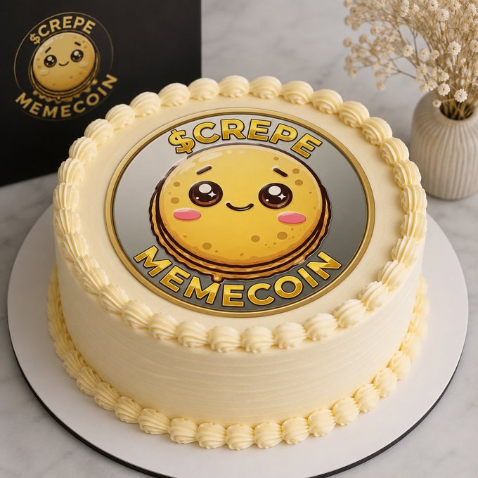 A cream-colored cake with decorative piping features a printed topper displaying a cute, smiling crêpe character with the text "$CREPE MEMECOIN" in gold lettering, matching the logo shown in the corner. The post promotes $CREPE as a promising BNB Chain memecoin with strong community support, and the cake's central design serves as a playful, themed visual tie-in celebrating the token.