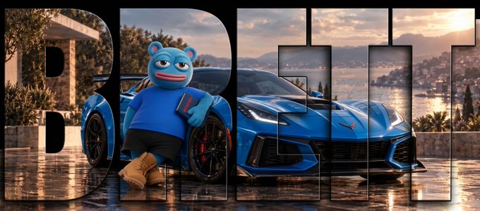 A stylized image with the text 'BTC LIFE' overlaid, featuring a small blue cartoon bear character leaning against a blue sports car with a scenic coastal view in the background.
