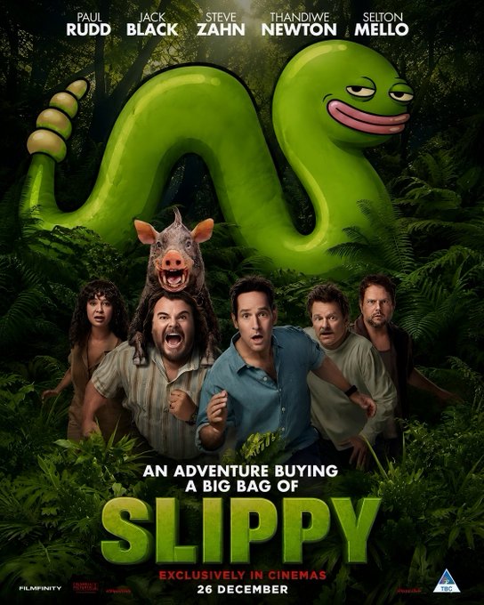 A parody movie poster titled 'SLIPPY' featuring Paul Rudd, Jack Black, Steve Zahn, Thandiwe Newton, and Selton Mello, with the tagline 'An Adventure Buying a Big Bag of Slippy', releasing 26 December.