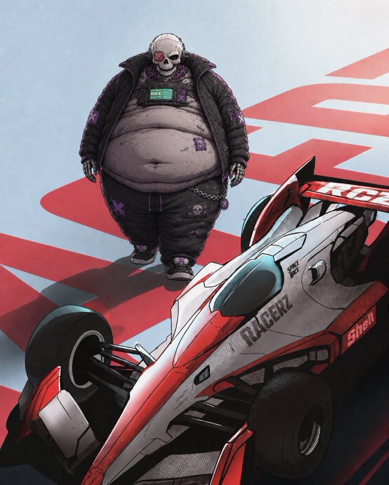 A heavily tattooed, obese figure wearing a skull mask and a padded jacket with a green "RAGE" name tag stands behind a red and white Formula 1-style race car marked with "RAGEIZ" and "Shell" branding, with bold red "RAGE" letters painted on the ground below. The satirical illustration humorously contrasts the menacing, street-tough aesthetic of the character with the sleek, sponsor-laden world of professional motorsport.