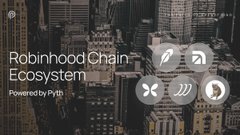 A promotional graphic for 'Robinhood Chain Ecosystem' powered by Pyth, displayed over a nighttime city skyline with various crypto/Web3 icons.