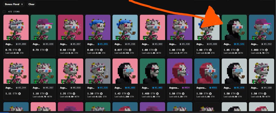 An NFT marketplace page showing pixel-art CryptoPunks-style character collectibles from a collection called 'Bones: Floral' with 472 items, displaying various Punk-style avatars with prices in ETH and last sale amounts, with an orange arrow pointing to one specific item in the top row.