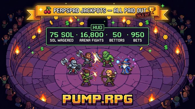 The image is a promotional graphic for "PERPSPAD JACKPOTS — ALL PAID OUT" featuring pixel art characters battling in a stone arena, with a HUD displaying metrics: "75 SOL WAGERED, 16,800 ARENA FIGHTS, 50 BETTORS, 950 BETS," and the "PUMP.RPG" logo at the bottom. It visually celebrates the successful first week of betting volume mentioned in the post, reinforcing the $PUMPRPG token's gambling ecosystem where fees support buybacks and burns.