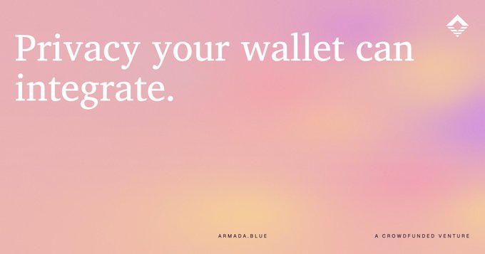 A minimalist pink and orange gradient banner with white text reading 'Privacy your wallet can integrate,' featuring the Armada Blue logo and the tagline 'A CROWDFUNDED VENTURE' at the bottom.
