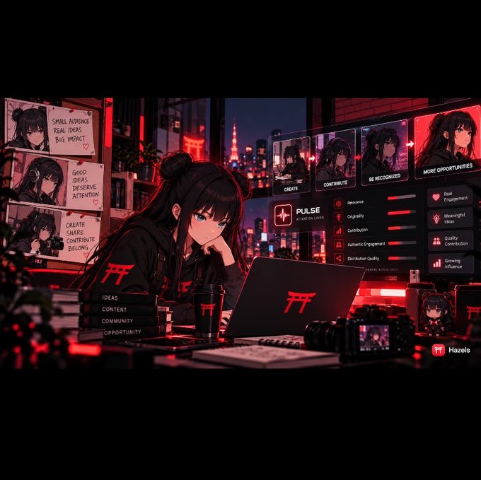 Anime artwork showing a girl at a laptop in a neon-lit room with a city skyline view, displaying a 'PULSE' dashboard with metrics like Relevance, Originality, and Contribution, alongside sticky notes about ideas and community, and the branding 'Hazals'.