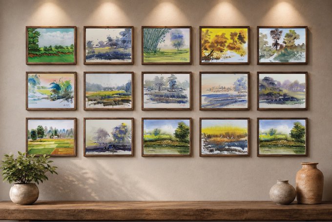 The image features a wooden shelf mounted above a table with several vases and paintings displayed within. There are twelve hand-painted watercolor masterpieces arranged on the shelf, each depicting various landscapes such as fields, trees, and skies. The colors in these pieces are vibrant, showcasing the intricate details of nature captured artistically through the medium of watercolors. The post, which includes text that reads "Introducing Veils of Color 300 handcrafted watercolor masterpieces on @ethereum Each piece is painted by hand, capturing nature, light, and emotion through vibrant layers of color." highlights the unique beauty and skill of these artworks, encouraging viewers to appreciate the talent behind each piece.