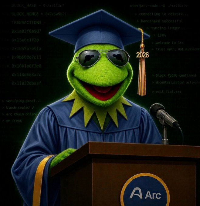 A green Muppet frog wearing sunglasses and a graduation cap with a '2026' tassel stands at a podium with the 'Arc' logo, with blockchain transaction code displayed in the background.