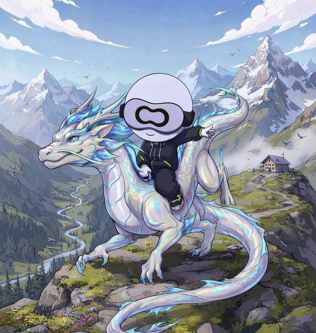 An anime-style illustration shows a character wearing a VR headset riding a white, iridescent dragon through a mountainous landscape with a small cabin in the background.