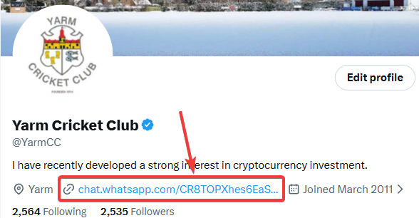 A screenshot of a Twitter/X profile for 'Yarm Cricket Club' (@YarmCC) with a suspicious cryptocurrency-related bio and a WhatsApp link highlighted by a red arrow, indicating a likely scam.