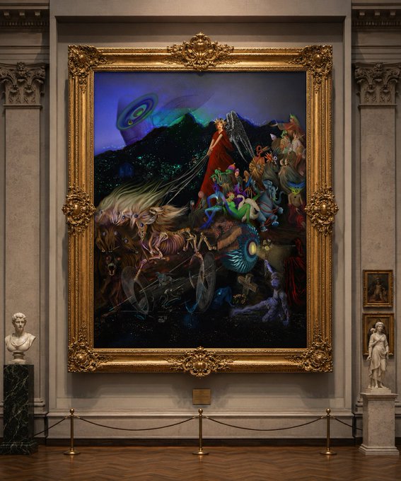 A massive ornate gold-framed painting hangs in a classical museum gallery between marble busts and sculptures, depicting a surreal, cosmic dreamscape featuring a glowing figure in red, ethereal creatures, and a planet with rings against a starry sky. The accompanying post ties into the artwork's surreal, dreamlike nature, with its reference to "Half Life" and "pure like uranium" echoing the painting's otherworldly, radioactive-glowing figures and mystical atmosphere.