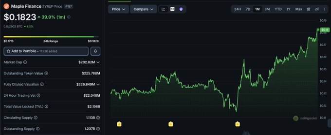 Coingecko price chart for Maple Finance (SYRUP) showing a price of $0.1823, up 39.9% in 1 month, with a market cap of $202.82M and a circulating supply of 1.113B tokens.