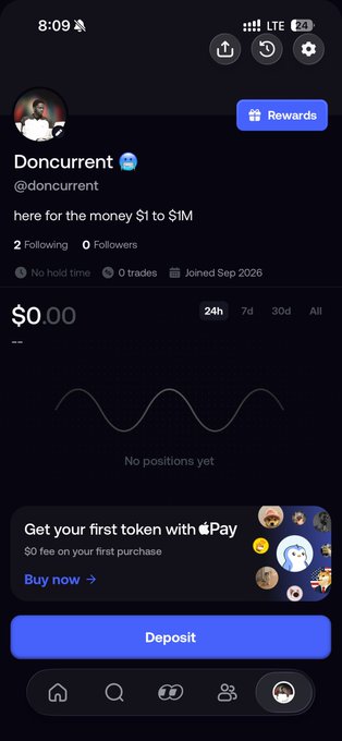 The image shows a mobile screen of the FOMO trading platform displaying user "Doncurente" (@doncurente) with the tagline "here for the money $1 to $1M," showing $0.00 in a 24h portfolio with "No positions yet," along with options to buy a first token with Apple Pay or deposit funds. This relates to the post by announcing the user has just joined FOMO for meme coin trading on the SUI blockchain, which is reflected in the empty portfolio ready to be filled with meme token positions.