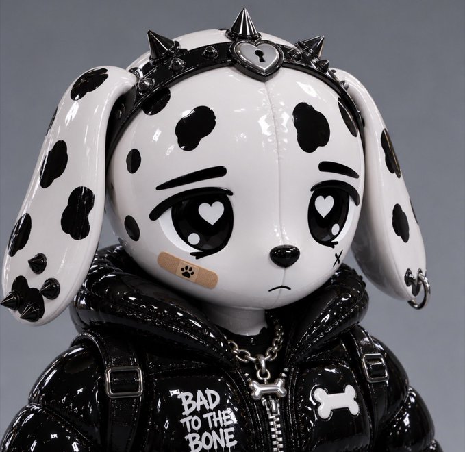 A designer toy figure of a Dalmatian dog character with sad heart-shaped eyes, a spiked black collar with a heart lock, and a black puffer jacket bearing the text 'BAD TO THE BONE' and a bone graphic.