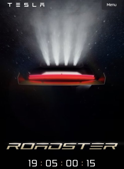 A teaser image from Tesla shows the glowing rear lights of the Roadster emitting bright beams against a dark background, with a countdown timer reading "19:05:00:15" beneath the "ROADSTER" text, reinforcing the post's claim that the vehicle will feature futuristic, "alien technology."