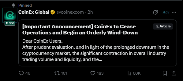 A pinned tweet from CoinEx Global (@coinexcom) announcing '[Important Announcement] CoinEx to Cease Operations and Begin an Orderly Wind-Down' due to the cryptocurrency market downturn.