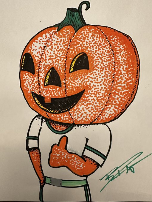 A hand-drawn sketch of a cheerful jack-o'-lantern-headed character in a white shirt giving a thumbs-up, signed in green marker, illustrating the artist's "Eff it" moment of stepping away from a struggling Veefriends piece to simply have fun with a whimsical Halloween doodle.