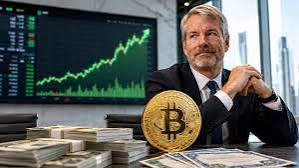 A confident businessman sits beside a gold Bitcoin coin and stacks of cash, with a stock chart showing an upward-trending line behind him. The Bitcoin symbol and financial imagery reinforce the post's message about Strategy's $1.25 billion BTC monetization program and its sales capacity.