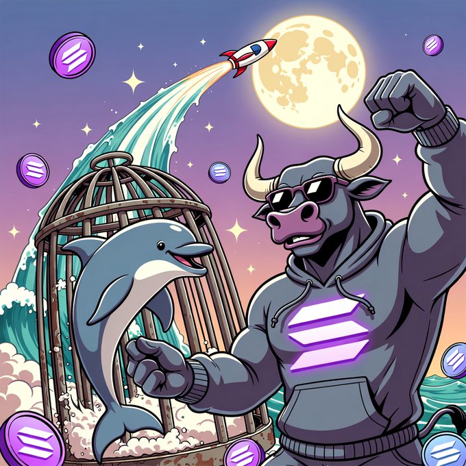 A cartoon illustration of a muscular bull wearing sunglasses and a hoodie with the Solana logo, flexing its arm next to a dolphin escaping a cage, with a rocket and moon in the background, surrounded by Solana coin icons.