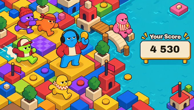 Screenshot from a colorful isometric mobile game featuring cute blob-like characters in various outfits navigating a blocky city environment, with a score display showing 'Your Score 4 530'.
