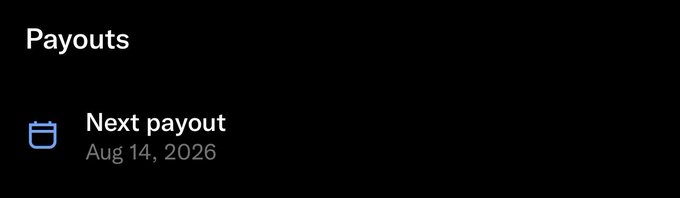 A dark-themed screen showing a 'Payouts' section with 'Next payout' scheduled for Aug 14, 2026.