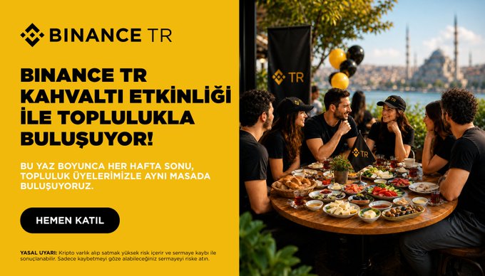 A promotional banner for the Binance TR Community Breakfast Event features a group of people enjoying a meal together at an outdoor table with traditional Turkish breakfast dishes, set against a scenic waterfront backdrop with balloons and a Binance TR banner visible. The text invites community members to join the weekly gathering, emphasizing connection and shared experiences, with a "HEMEN KATIL" (Join Now) call-to-action button and a legal disclaimer noting cryptocurrency investment risks at the bottom.