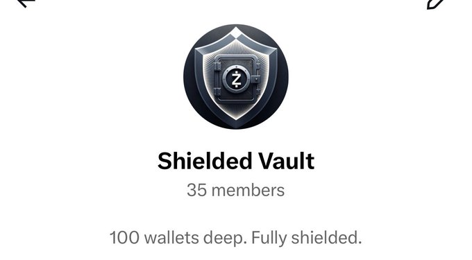 A digital interface showing a 'Shielded Vault' logo with a shield emblem containing a 'Z' symbol, noting '35 members' and '100 wallets deep. Fully shielded.'