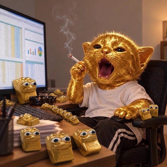 An AI-generated image of a golden cat smoking a cigarette while sitting at a desk, wearing a white t-shirt and surrounded by 'FINE GOLD' bars.