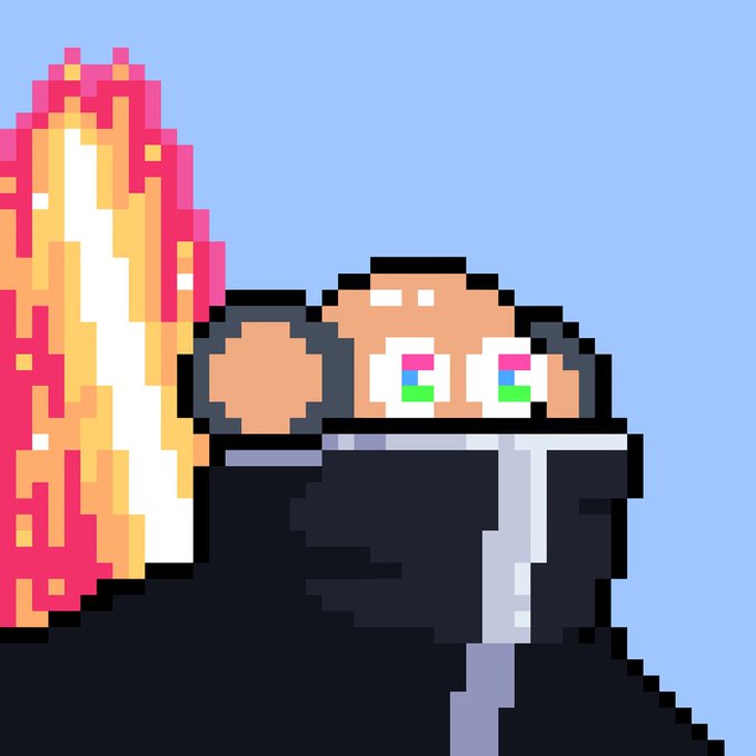 A pixel art chimpanzee character with a vibrant pink and yellow flame-like mane peers over a dark gray ledge against a light blue background, representing the sold NFT "Fukuyoshi #4352" from the Chimpers collection.