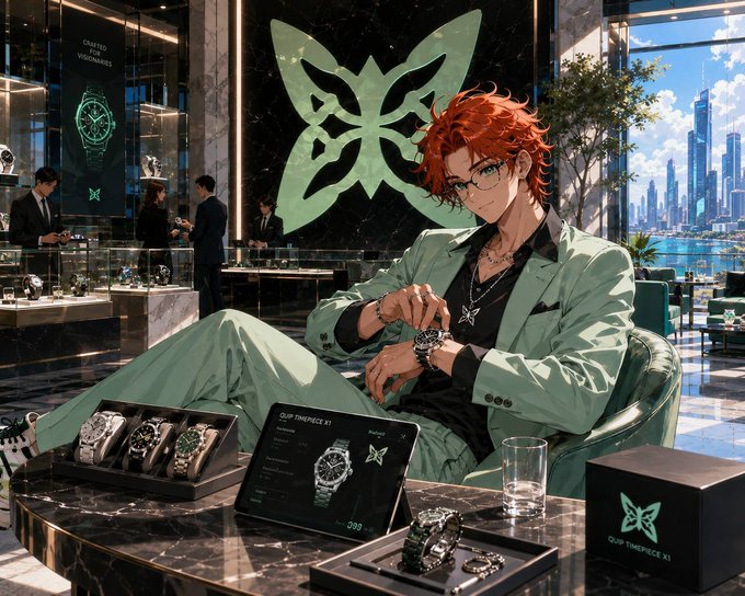 An anime-styled red-haired character in a mint green suit reclines in a luxury watch boutique, examining a timepiece among displays of "QUIP TIMEPECK X1" watches priced at $999, with a sleek cityscape visible through floor-to-ceiling windows. The image contrasts the polished, commercial presentation of branded products with the accompanying post's reminder that QUIP's testnet tokens (AGLS) carry no real market value or redemption path—a fitting visual metaphor for how testnet experiments should be distinguished from speculative assets.