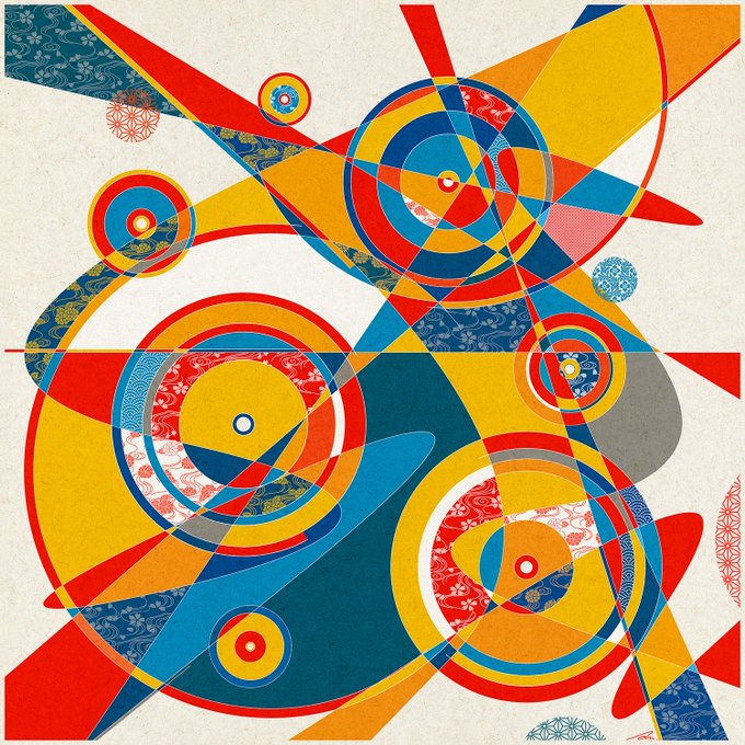 A vibrant abstract artwork featuring overlapping geometric shapes, circles, and triangles in red, blue, yellow, and orange with various patterned textures.