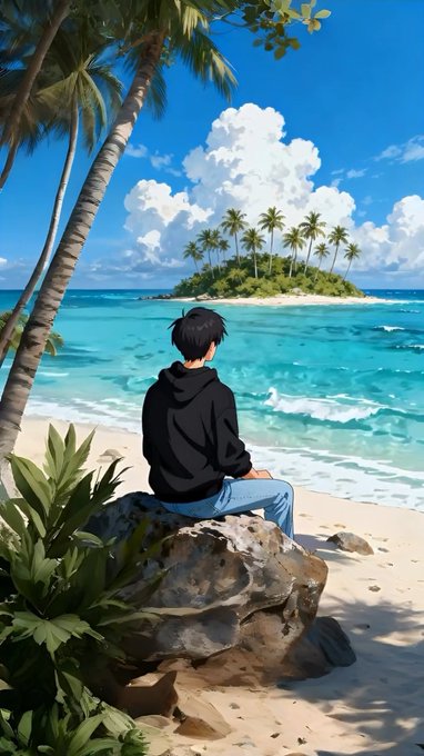 An anime-style illustration of a young man in a black hoodie sitting on a rock, looking out at a tropical beach with turquoise water, palm trees, and a small island.