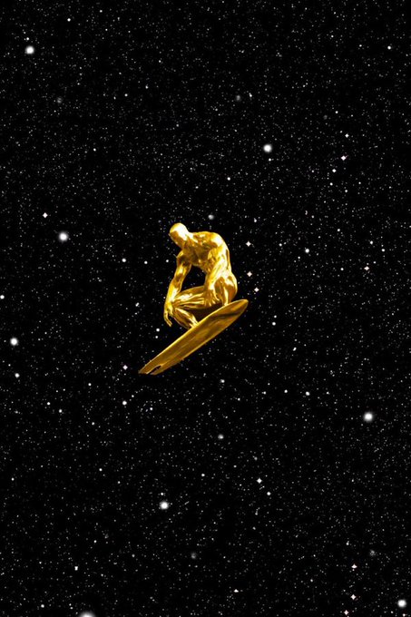 A golden statue of Rodin's "The Thinker" sits on a surfboard, soaring through a starry cosmos—symbolizing the peaceful, elevated mindset of someone whose wealth in gold and Bitcoin frees them from online disputes. The serene, otherworldly scene perfectly captures the post's message of zen-like detachment.