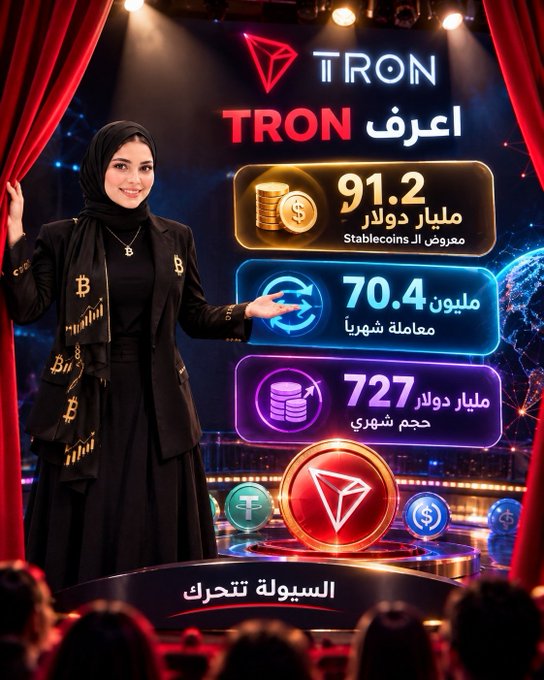 An Arabic-language promotional image for TRON cryptocurrency, featuring a woman in a Bitcoin-patterned jacket presenting stats: $91.2 million in stablecoins, 70.4 million monthly transactions, and $727 million in monthly trading volume.