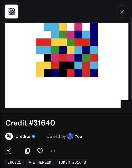 A digital NFT listing for 'Credit #31640' displayed as a colorful pixelated mosaic artwork on the Ethereum blockchain, marked as 'Owned by You'.