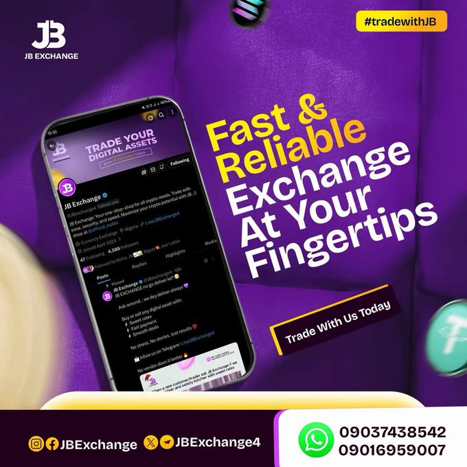 A promotional advertisement for 'JB Exchange' featuring a smartphone displaying their Twitter/X feed, with the text 'Fast & Reliable Exchange At Your Fingertips' and contact numbers 09037438542 and 09016959007.
