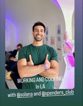 Instagram-style image of a smiling man in a green t-shirt giving two thumbs up, captioned 'WORKING AND COOKING In LA with @solana and @spenders_club'.