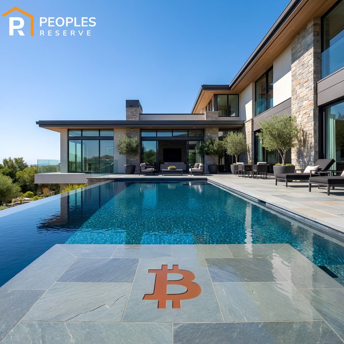 An advertisement for 'PEOPLES RESERVE' showing a luxurious modern home with a pool, featuring an orange Bitcoin logo prominently displayed on the stone deck by the water.