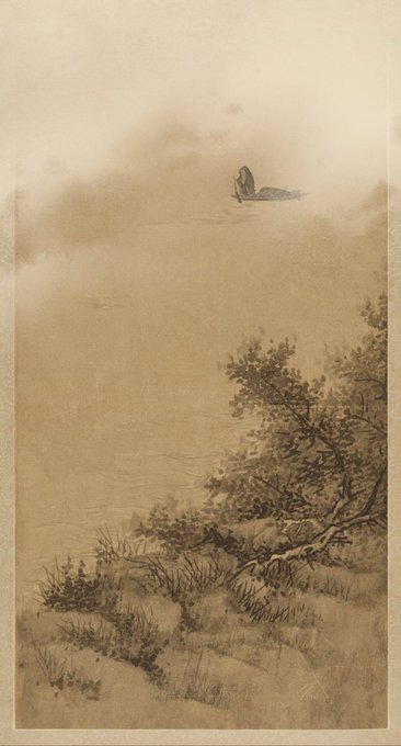 A traditional East Asian ink wash painting depicts a misty landscape with a tree branch in the foreground and a small boat in the foggy distance.