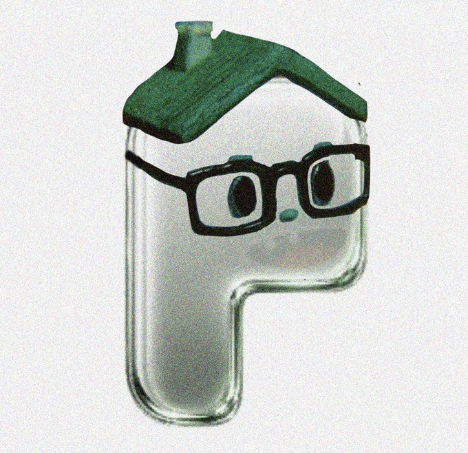 A hand-drawn illustration of a translucent letter 'P' character wearing black glasses and a green leaf-like hat.
